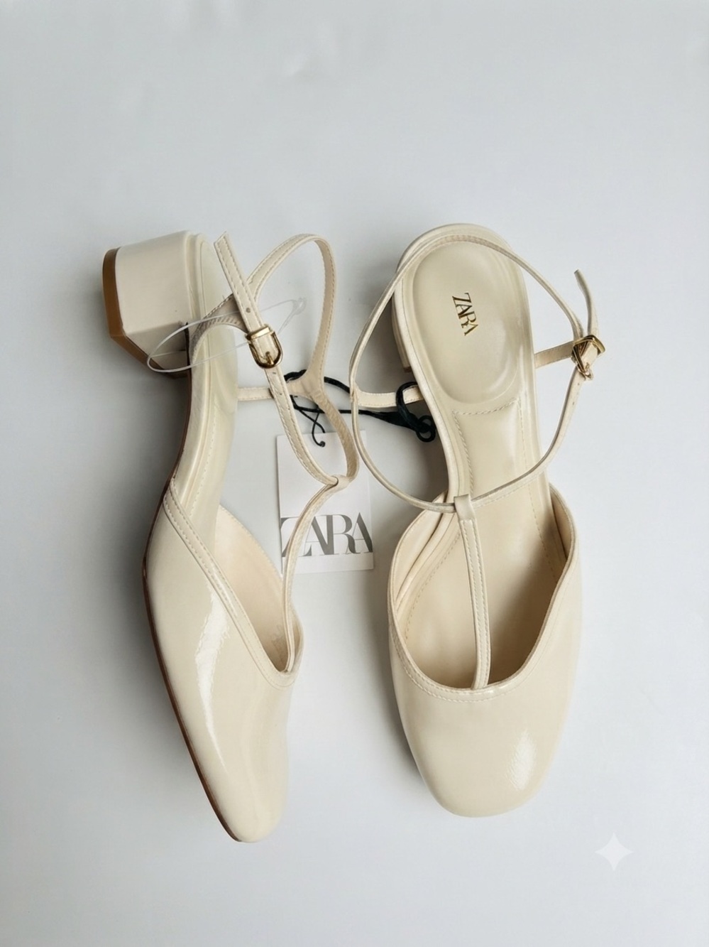 ZARA Cream Patent Leather T-Strap Low Block Heels Size 8 - Picture 8 of 8